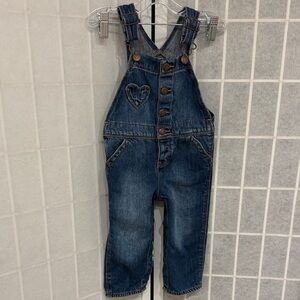 Oshkosh Girls Blue Denim Bib Overalls With Front Snap Buttons (Size 18 Months)